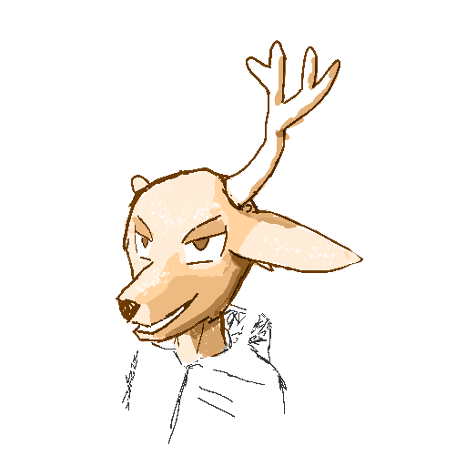 A portrait shot of my fursona, a deer with one antler on the left side of their head. Once the jacket is reached it begins to fade into scribbles.